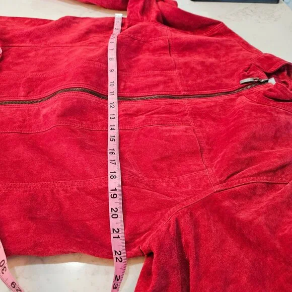 Chicos Red Suede Leather Jacket Size 2 Large Double Zip Flaw Work Jacket Lined - Picture 9 of 10